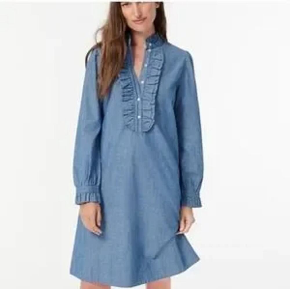 J.Crew Classic Ruffle Front Chambray Dress Sz 2XL XXL Modest Boho Western